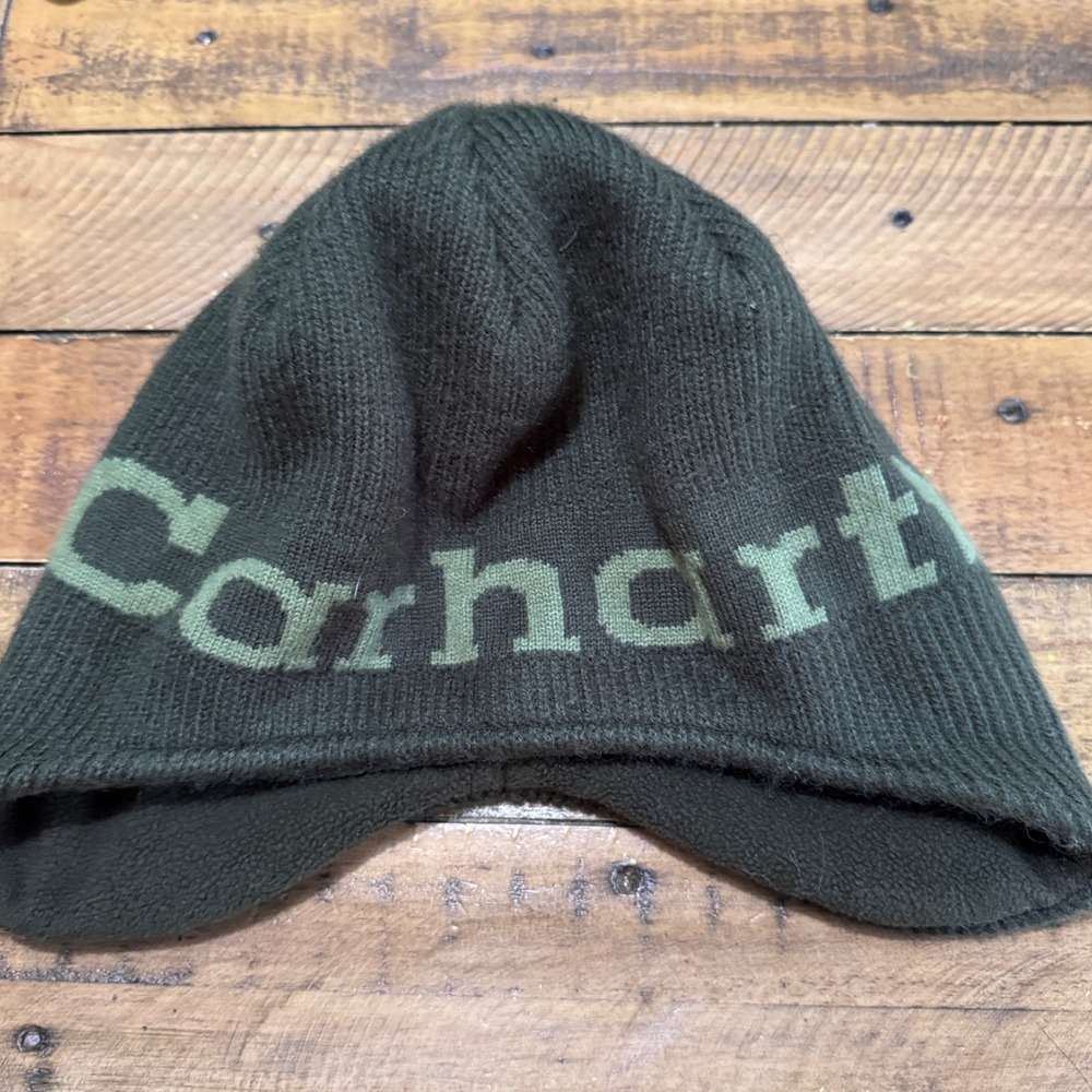Carhartt Beanie Kids One Size Dark Green Graphic Logo Ear Flap‎ Fleece Lined Hat